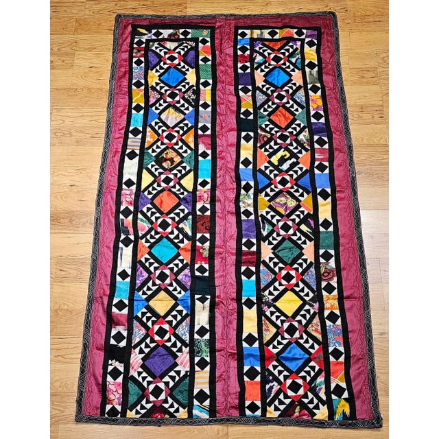 Late 19th Century Vintage Uzbek Quilt, Hand-Stitched Silk, Geometric Pattern, Red & Turquoise, 39” X 73” For Sale - Image 5 of 12