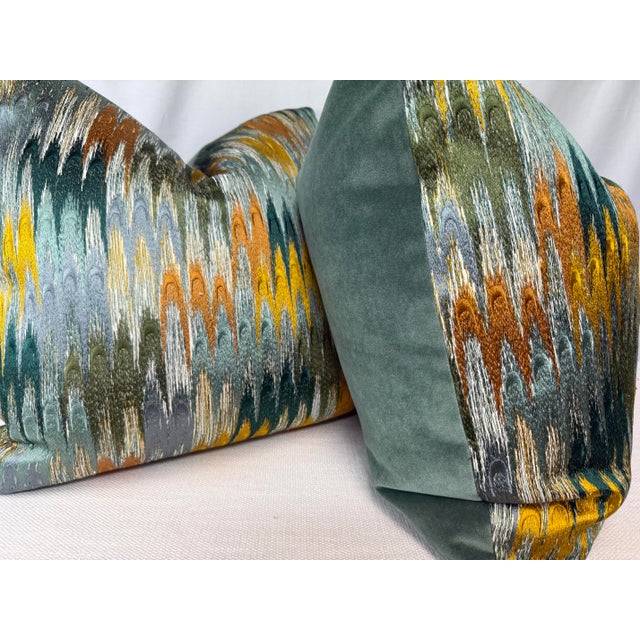 Transitional Brunschwig & Fils "Duval Embroidery" in Teal/Topaz 22" Pillows-a Pair For Sale - Image 3 of 3