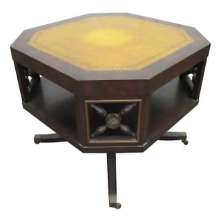 Antique Octagon Shaped Leather Top Rolling Side Table For Sale