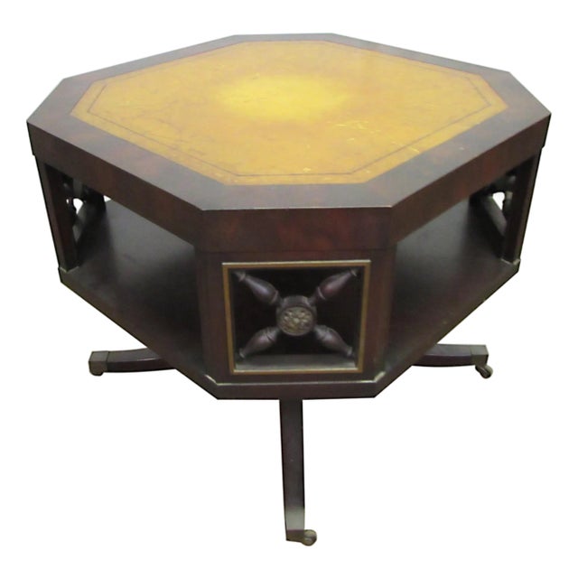 Antique Octagon Shaped Leather Top Rolling Side Table For Sale