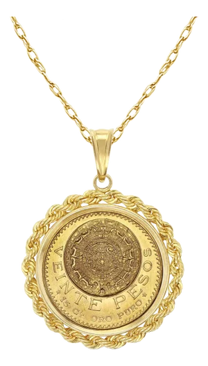 Veinte Pesos Gold Coin Necklace with Rope Bezel 14k Yellow Gold 16"