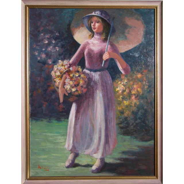 Modern Philippe Alfieri, Woman With Flower Basket, Oil on Canvas, Signed l.l. For Sale - Image 3 of 3