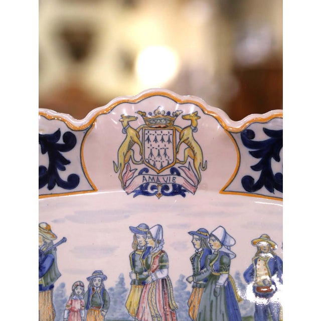 19th Century French Henriot Quimper Faience Wall Plaque With Breton Dance Scene For Sale - Image 4 of 8