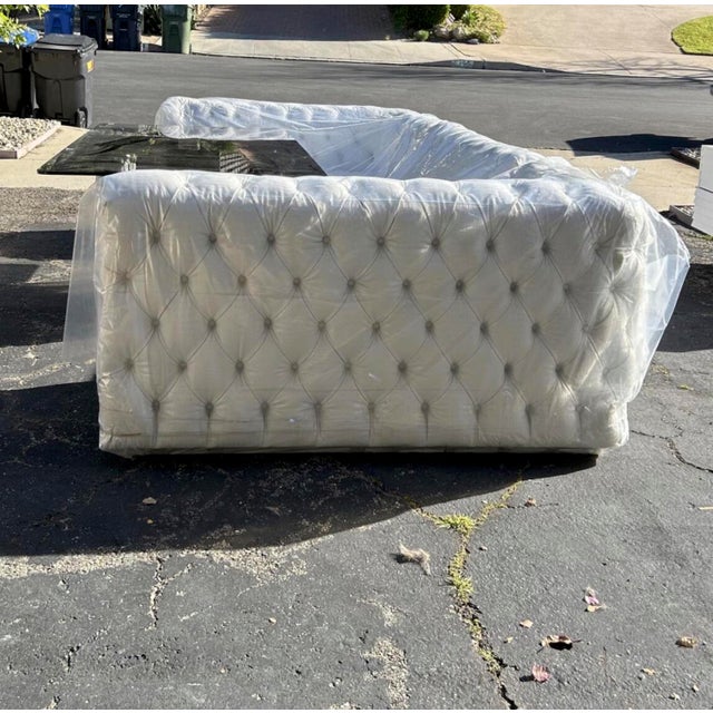 Textile White Tufted Chesterfield-Style L-Shaped Sectional Sofa | 3-Piece Pleather Corner Booth Seating For Sale - Image 7 of 9