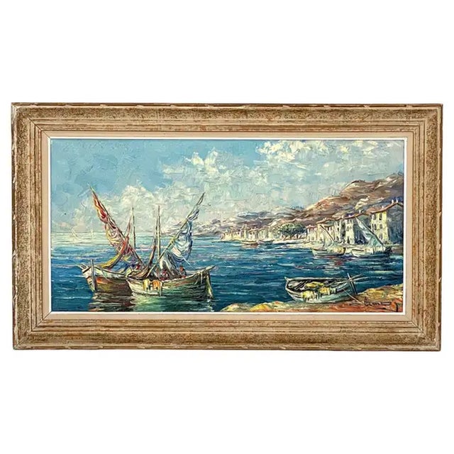 French Framed Oil Painting Featuring a Mediterranean Harbour Scene For Sale In Austin - Image 6 of 12