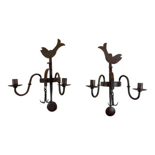 Mid Century Hand Forged Wrought Iron Fish and Anchor Candle Wall Sconces- a Pair For Sale