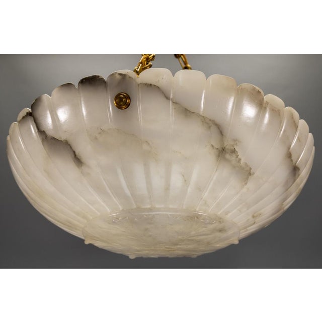 Large French Art Deco Alabaster Pendant Light with Brass Chain, 1920s For Sale - Image 3 of 18