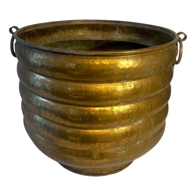 Solid Brass Ribbed Jardiniere Planter with Decorative Ring Handles For Sale