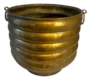 Solid Brass Ribbed Jardiniere Planter with Decorative Ring Handles
