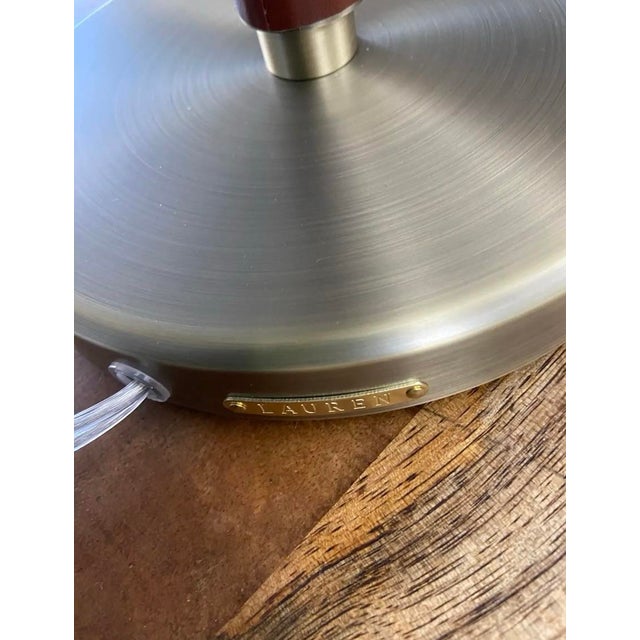 Contemporary Vintage Ralph Lauren Organic Modern 36” Tall Buffet Lamps Leather-Wrapped With Brushed Brass/Gold Fixtures and Metal Shades - a Pair For Sale - Image 3 of 7