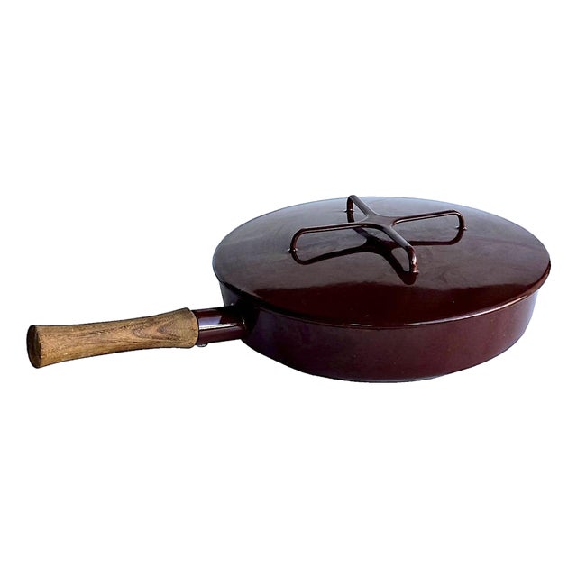 Vintage Dansk Kobenstyle Brown Enamel Skillet Pan and Lid Designed by Jens Quistgaard, 2 Piece Set For Sale