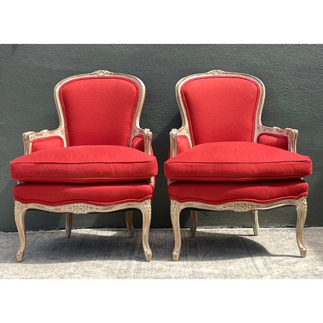 Vintage Carved Wood Upholstered Bergere Chairs - A Pair For Sale - Image 10 of 12