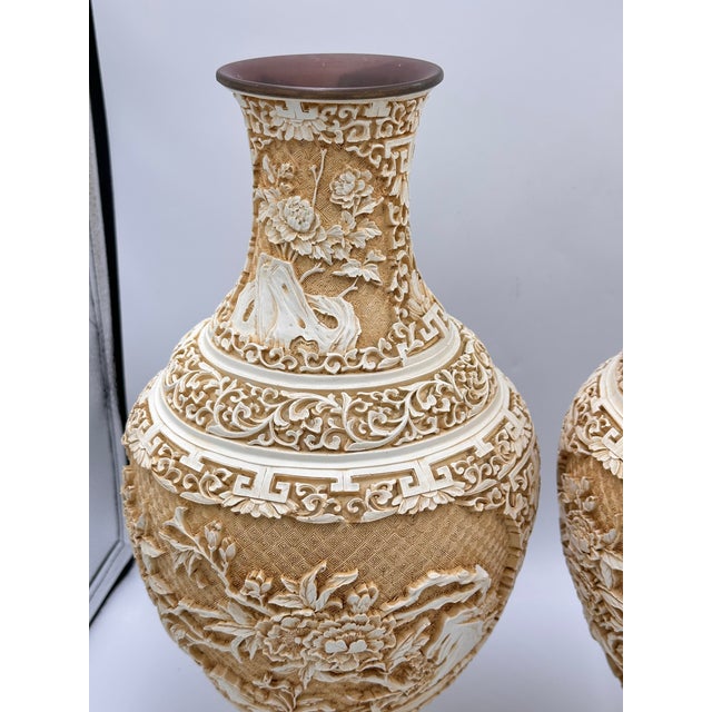 Antique Chinese Hand Carved Lacquered Cinnabar Over Brass Floral Motif Vase Set For Sale In Palm Springs - Image 6 of 12