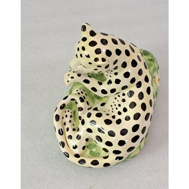 Vintage Jeanne Reed’s Hand-Painted Porcelain Reclining Leopard Figurine With Floral Base For Sale - Image 9 of 12