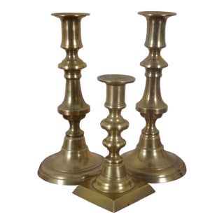 Antique English Spun Brass Push Up Candle Holders- Set of 3 For Sale