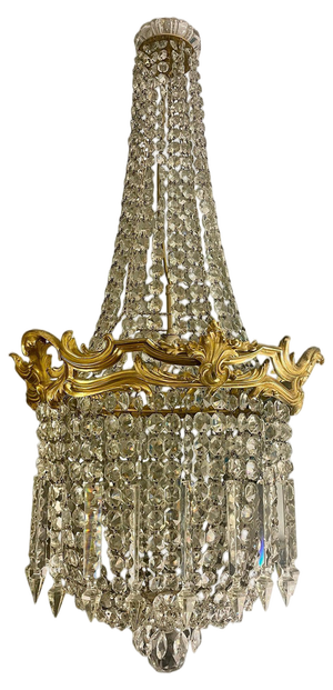 Large Antique French Chandelier in Gilt Bronze and Crystal, 1890