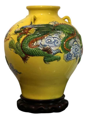 1990s Dragon in Flight through Clouds on Large Yellow Jar