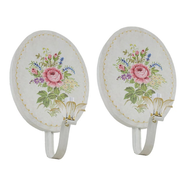 Pair of Vintage English-Painted Floral Decor Metal Wall Lamps For Sale