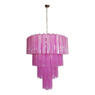 Huge Murano Glass Tiered Chandelier With 78 Pink Fuchsia Silk Glasses, Italy, Style Late 20th Century For Sale