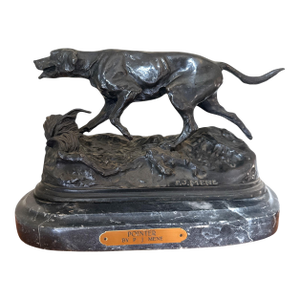 Solid Bronze “Pointer” Sculpture on Marble After French Sculptor p.j. Mêne