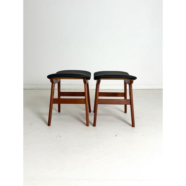 Teak Stool with Black Leather, 1960s, Set of 2 For Sale - Image 6 of 7