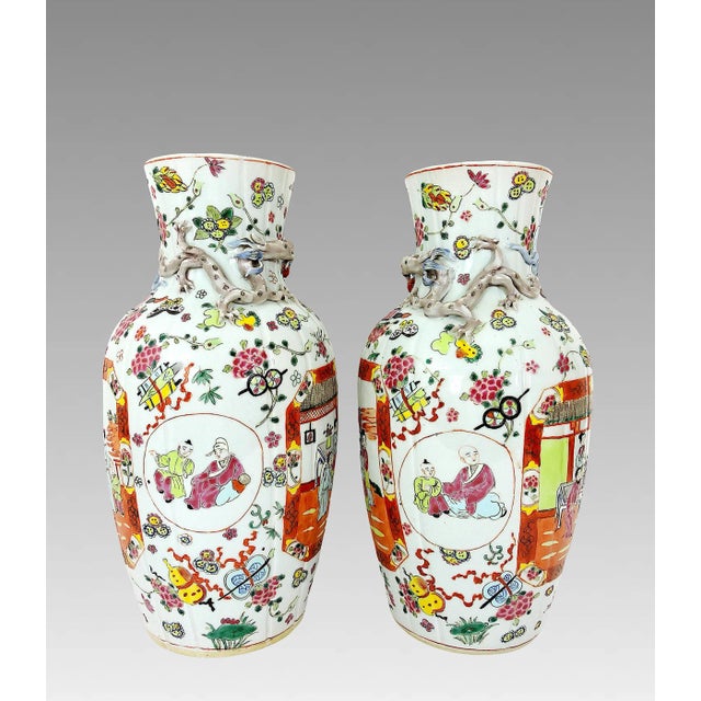 Rare Antique "Linen Fold" Famille Rose Vases, Signed White Porcelain Chinese With Chimera, Republic Period, a Pair For Sale - Image 4 of 11