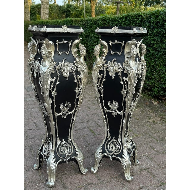 1990s Italian Baroque Black Silver Resin Pedestals 2pc- Pair For Sale - Image 11 of 18