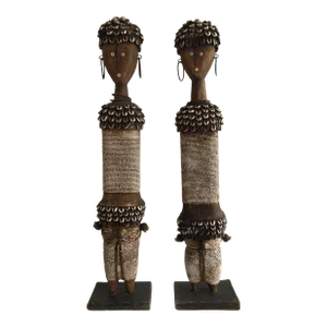 1990s Wood & Shells Beaded Namji Dolls On Wood Bases - A Pair