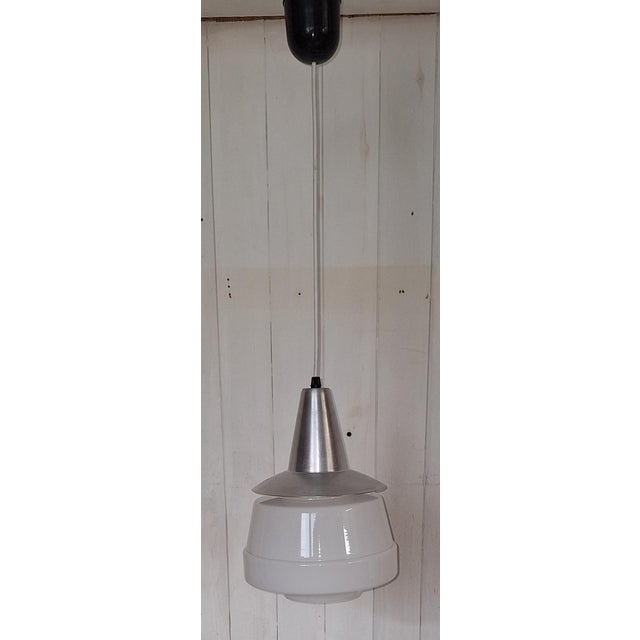 Vintage Ceiling Lamp with Aluminum Mount and White Glass Shade, 1970s, in Very Good conditions. Designed 1970 to 1979 Up...