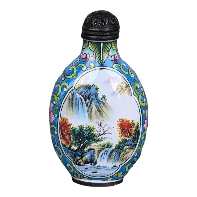 Copper Enamel Landscape Snuff Bottle, Hand Painted Famille Rose Scene For Sale