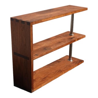 Vintage Mid Century Style Three Tier Brown Walnut Bookshelf Bookcase W Chrome For Sale