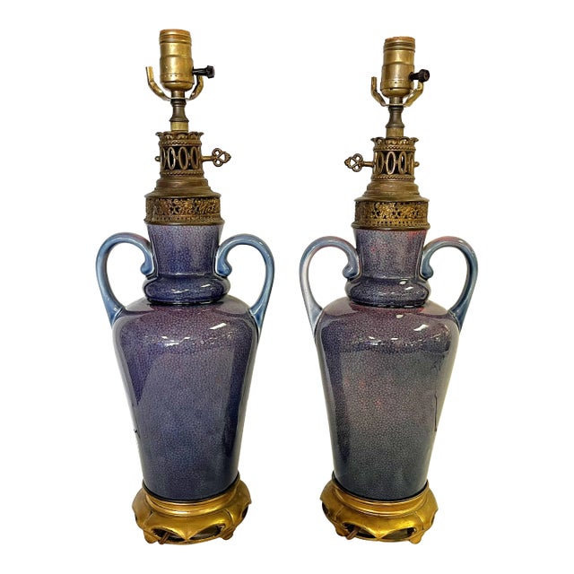 Vintage Ceramic Amphora Handled Vase Lamps With Purple Floral Decoration- a Pair For Sale