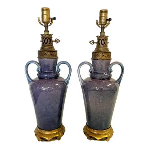 Vintage Ceramic Amphora Handled Vase Lamps With Purple Floral Decoration- a Pair