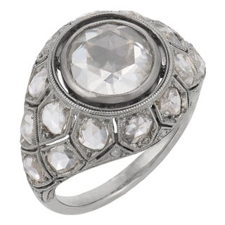 Antique Rose Cut Diamond 18k White Gold Bombe Ring, Size 6 For Sale