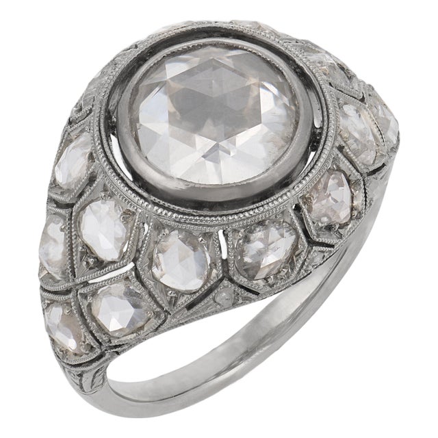 Antique Rose Cut Diamond 18k White Gold Bombe Ring, Size 6 For Sale