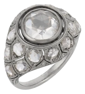 Antique Rose Cut Diamond 18k White Gold Bombe Ring, Size 6