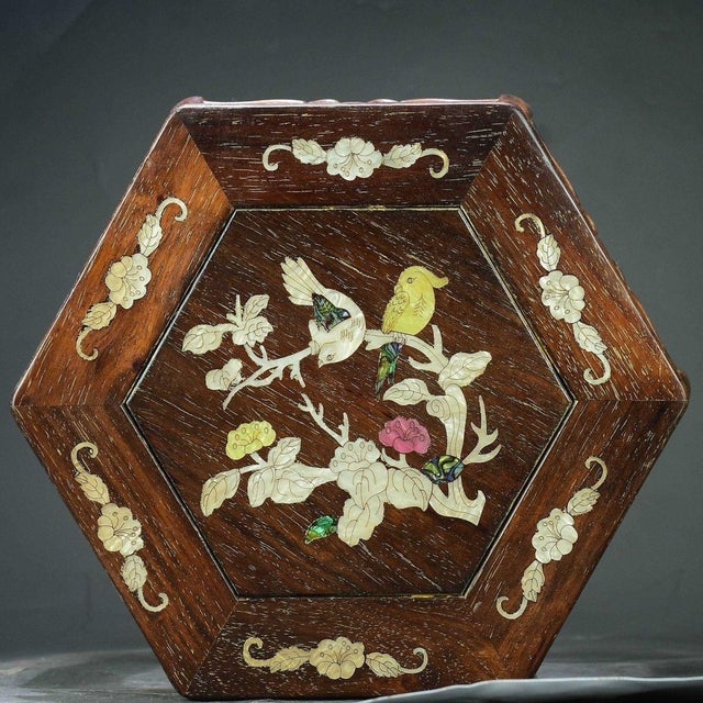 Vintage Chinese Huali Rosewood Hexagonal Stool | Mother-of-Pearl Inlaid Bird & Flower Motif For Sale - Image 9 of 9