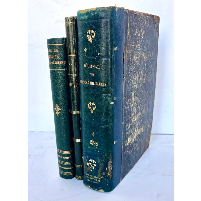 Late 19th Century Antique French Green Leather Bound Books - Set of 3 For Sale - Image 5 of 13