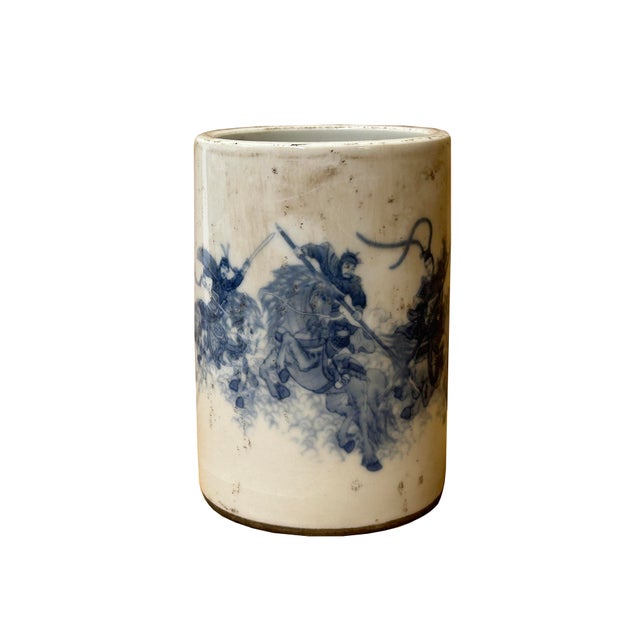 Chinese Distressed White Porcelain Blue Warrior Horse Graphic Holder Vase For Sale - Image 4 of 10