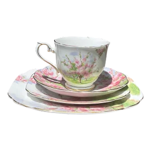 1970s Royal Albert Blossom Time Tea Cup and Saucer, Dessert Plate, and Salad Plate Set- 4 Pieces