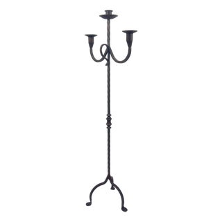 Hand Forged Wrought Iron Floor Candelabra 48″ (123cm) 3-Arm Candle Holder Antique Copper or Gold Patina Choice Rustic Wedding Decor For Sale