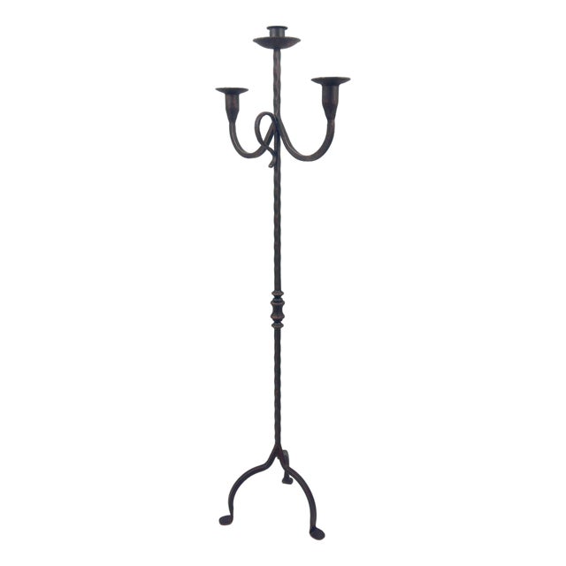 Hand Forged Wrought Iron Floor Candelabra 48″ (123cm) 3-Arm Candle Holder Antique Copper or Gold Patina Choice Rustic Wedding Decor For Sale