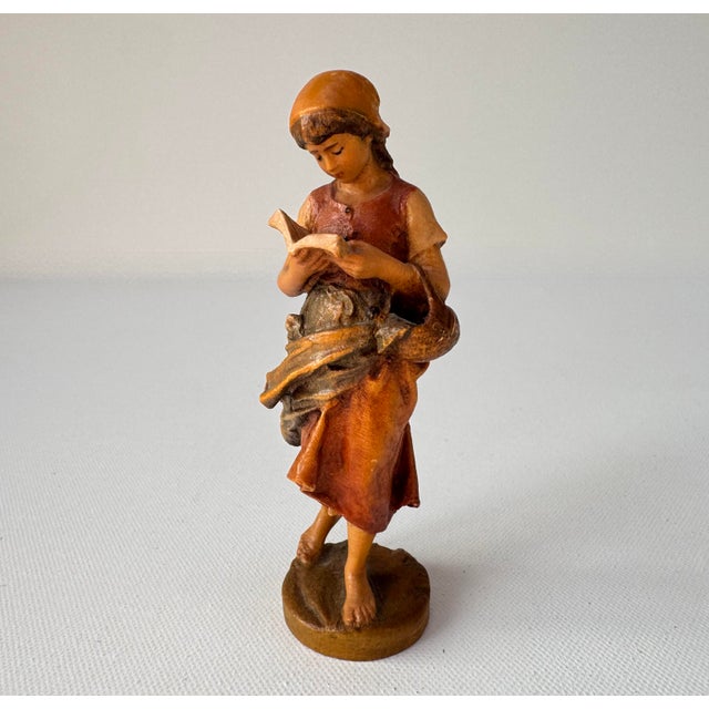 Wood Vintage Carved Wood Reading Girl Figurine With Basket For Sale - Image 7 of 9