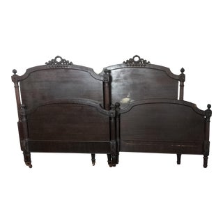 Pair of 1800s Antique Carved Dark Wood Matching Twin Bed Frames For Sale