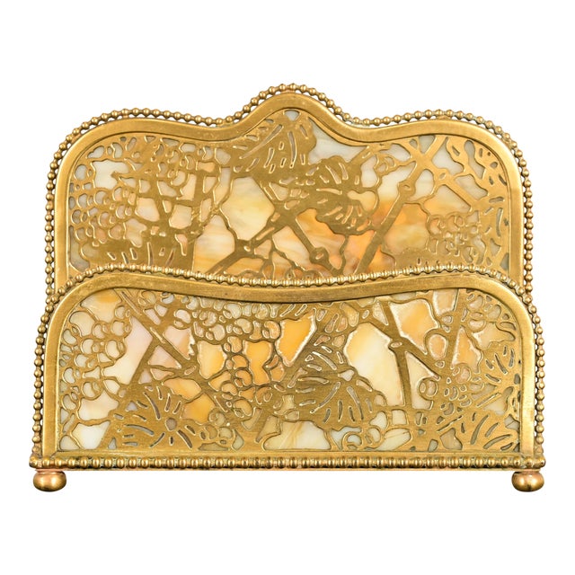 Tiffany Studios New York Grapevine Pattern Bronze Doré and Favrile Slag Glass Letter Rack For Sale