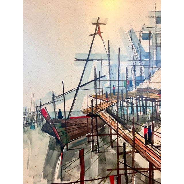 1960s Mid-Century Modern Thai Fishing Village Original Watercolor Painting by Sanga Mukmanee - Framed For Sale - Image 10 of 15