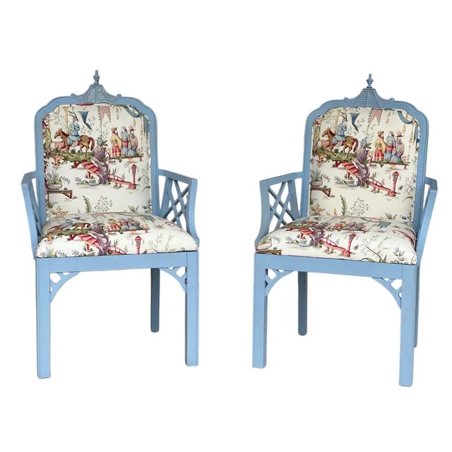 Maitland - Smith 1980s Pair Newly Upholstered Blue Chinese Chippendale Chairs in Schumacher Tientsin Toile For Sale - Image 4 of 17
