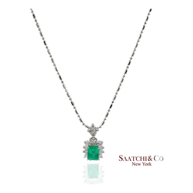 Gia Certified Platinum 900 Emerald & Diamond Pendant With Platinum 850 Chain For Sale