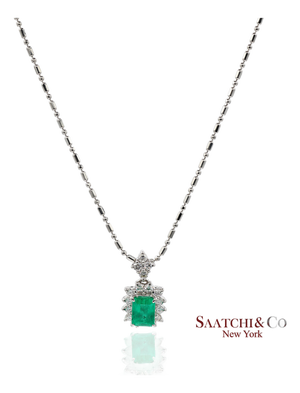 Gia Certified Platinum 900 Emerald & Diamond Pendant With Platinum 850 Chain