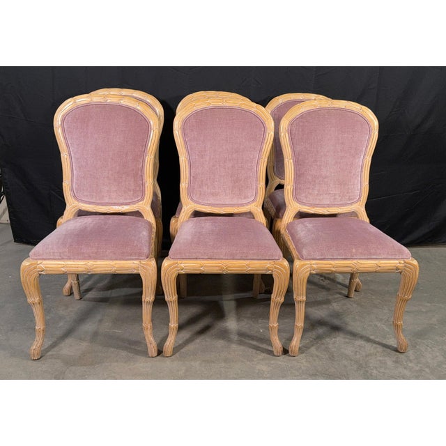 Traditional c.1970's Carved Florentine Faux Bois Italian Dining Chairs in Velvet, Attributed to Chelini - Set of 6 For Sale - Image 3 of 16